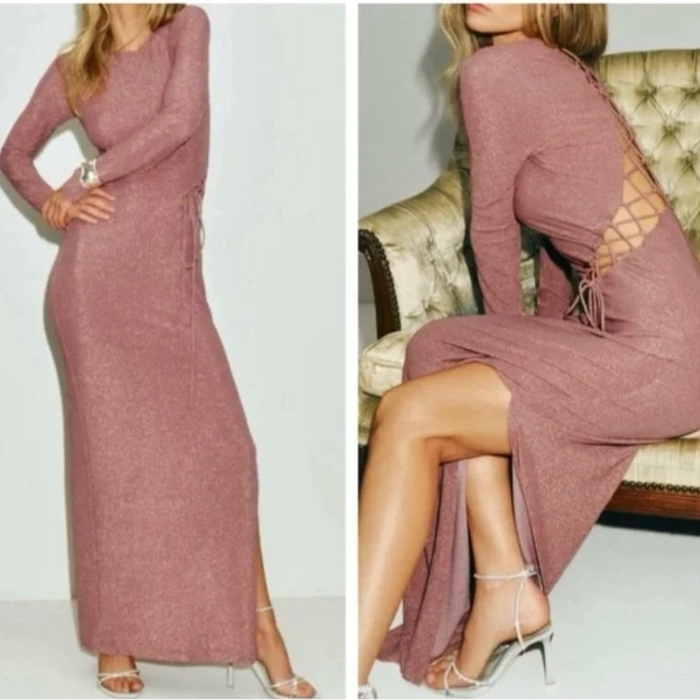 Reformation Women's Kinsey Lace Up Knit Maxi Dress Metallic Pink Sparkle Size S